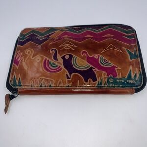 Vintage Handmade Wallet Elephant Multicolored Tooled Leather MTC 1992 Zippered